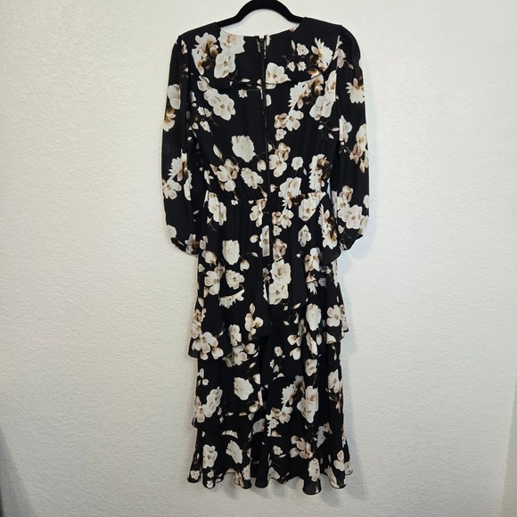 Alice + Olivia 6 Kye Floral Ruffle Midi Dress Black White Flowers Party Cocktail - Picture 8 of 11